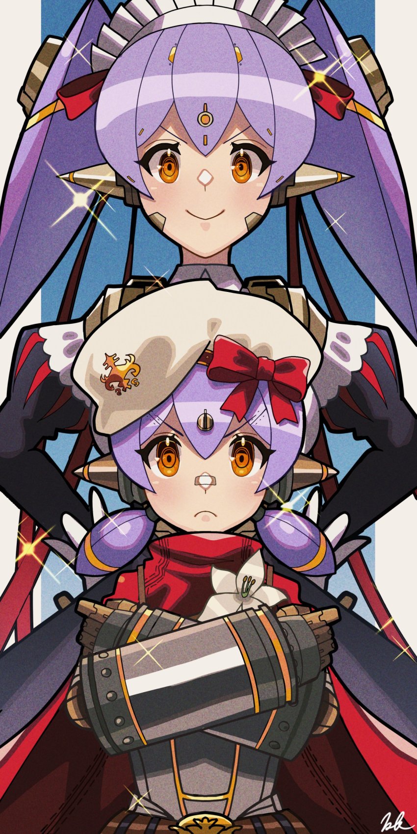 2girls absurdres android beret brown_eyes closed_mouth dual_persona flower hat highres joints kyosuke1413koba maid_headdress multiple_girls poppi_(xenoblade) poppi_alpha_(xenoblade) poppi_qt_(xenoblade) robot_joints short_twintails smile twintails white_flower white_headwear xenoblade_chronicles_(series) xenoblade_chronicles_2