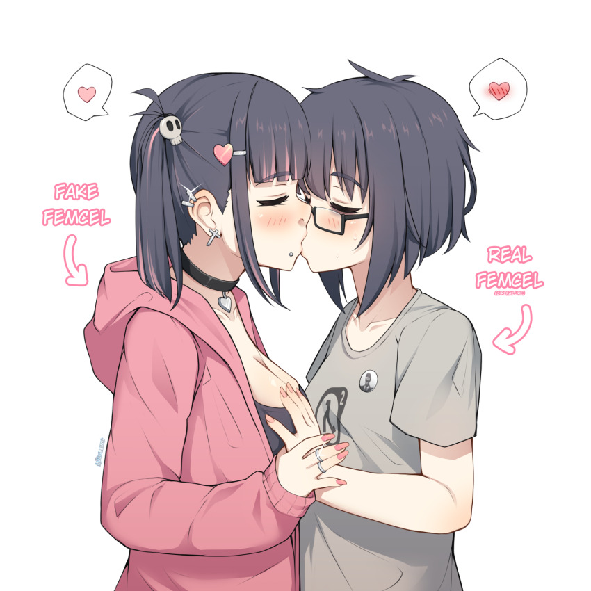2girls arrow_(symbol) black_choker black_hair black_shirt blush breasts choker cleavage closed_eyes cross cross_earrings ear_piercing earrings face_piercing glasses grabbing_another&#039;s_breast grey_shirt groping half-life half-life_(series) half-life_2 heart heart_choker highres holding_another&#039;s_wrist jacket jewelry large_breasts lip_piercing lululewd multicolored_hair multiple_girls multiple_rings original piercing pink_hair pink_jacket pink_nails ring semi-rimless_eyewear shirt short_hair short_sleeves simple_background spy_(tf2) streaked_hair team_fortress_2 twintails under-rim_eyewear white_background yuri zoomer_slang