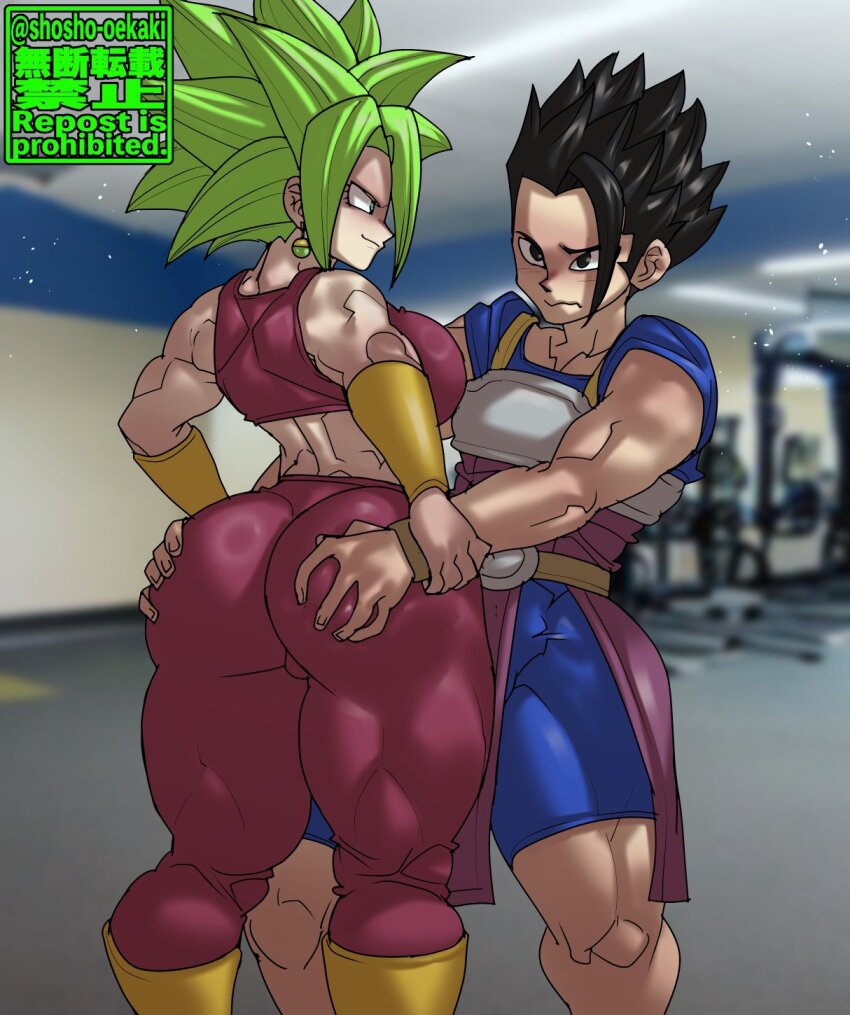 1boy 1girl ass ass_grab back black_eyes black_hair blue_eyes blue_hair blurry blurry_background blush bracelet breasts cabba cameltoe dragon_ball dragon_ball_super earrings embarrassed femdom gym hand_grab highres jewelry kefla_(dragon_ball) large_breasts muscular muscular_female muscular_male pants potara_earrings shorts shosho_oekaki spiked_hair