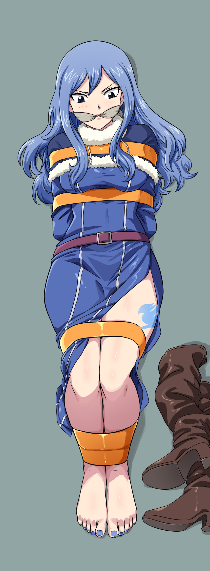 1girl absurdres arms_behind_back belt blue_eyes blue_hair blush bound bound_ankles bound_arms bound_legs bound_torso breasts cleave_gag cloth_gag fairy_tail gag gagged highres improvised_gag juvia_lockser leg_tattoo lost_one_zero nail_polish tape tape_bondage tattoo toenail_polish toenails