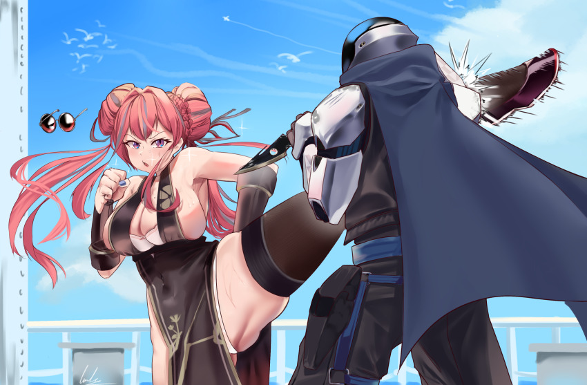 1boy 1girl absurdres arm_armor armpits azur_lane bare_shoulders battle black_cape black_dress black_footwear black_nails black_pants black_thighhighs black_vest blue_sky bra bra_peek braid braided_bun breasts bremerton_(azur_lane) bremerton_(kung_fu_cruiser)_(azur_lane) bridal_gauntlets cape china_dress chinese_clothes cleavage clenched_hands cloud commentary covered_navel day double_bun dress english_commentary fighting flats grey_hair hair_between_eyes hair_bun hair_intakes hair_ornament helm helmet highres holding holding_knife holding_weapon kicking knife large_breasts long_hair lukie_arts mole mole_on_breast multicolored_hair official_alternate_costume original outdoors panties pants panty_peek parted_lips pelvic_curtain pink_eyes pink_hair railing round_eyewear ship_deck sidelocks skindentation sky standing standing_on_one_leg strapless strapless_bra streaked_hair sweat thighhighs tinted_eyewear two-tone_hair underwear unworn_eyewear vest weapon white_bra white_panties