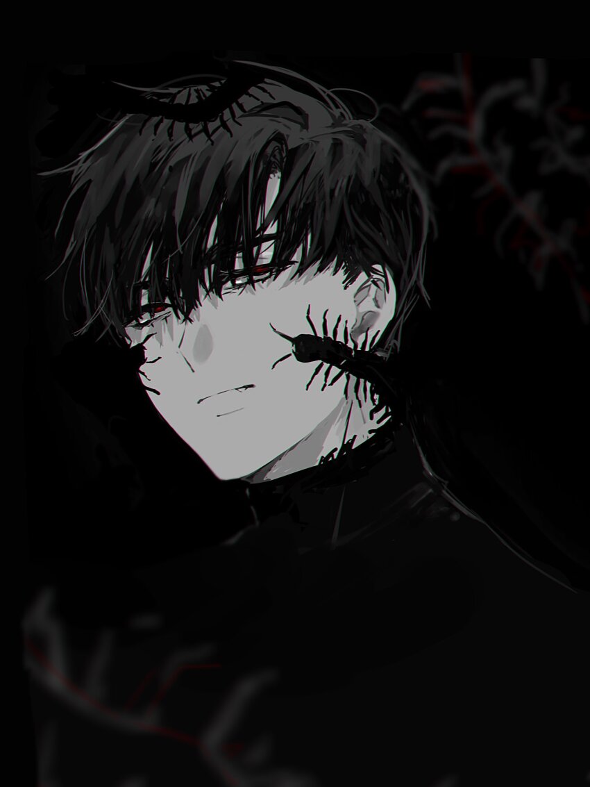 1boy alien_stage black_background bug centipede commentary hashtag-only_commentary highres ivan_(alien_stage) male_focus naa_kamui portrait shirt short_hair solo spot_color turtleneck turtleneck_shirt very_short_hair