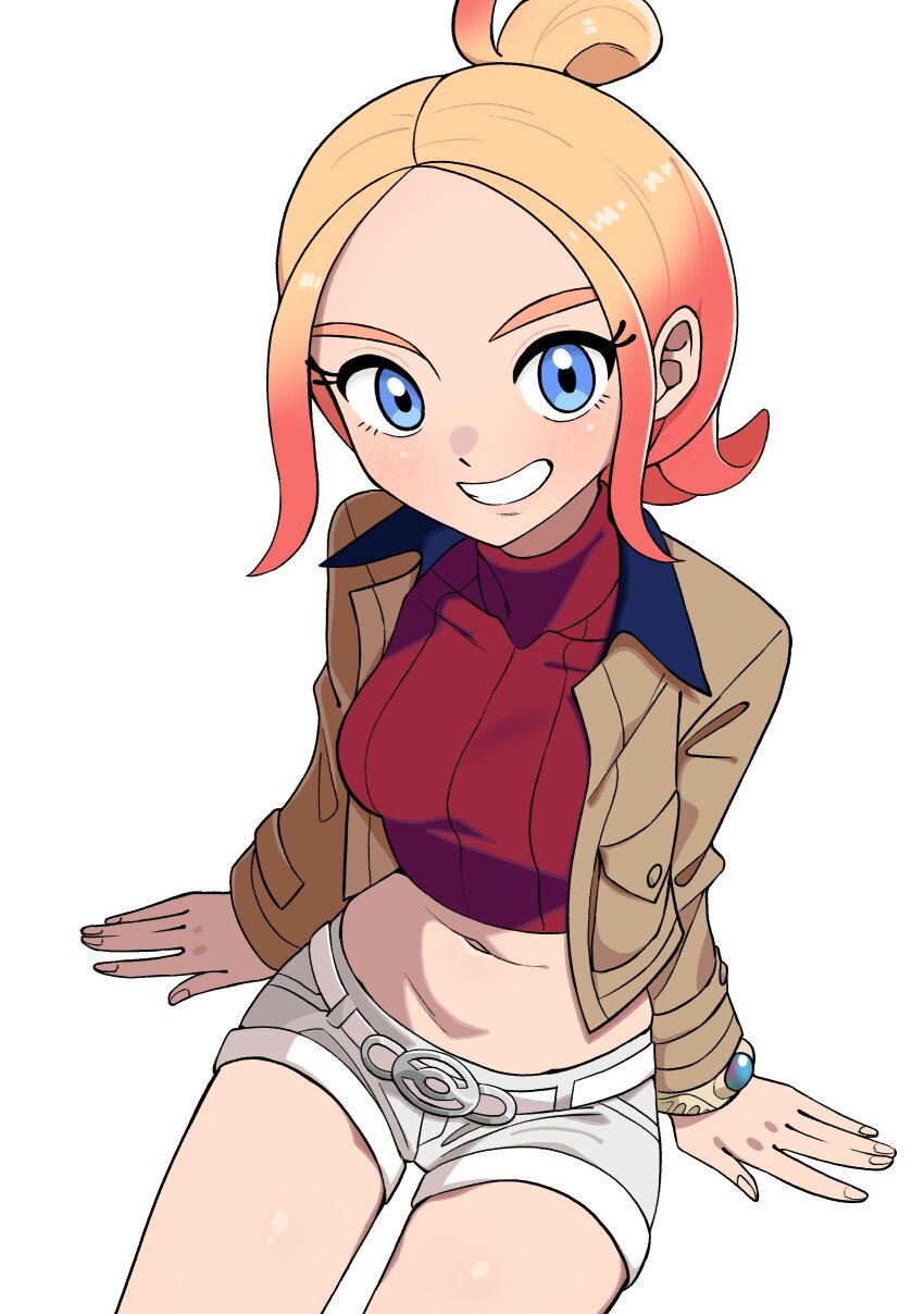 1girl absurdres blonde_hair blue_eyes blush breasts brown_jacket crop_top cropped_shirt gradient_hair hair_bun highres jacket long_sleeves looking_at_viewer mega_ring midriff multicolored_hair n_k_m navel nintendo open_clothes open_jacket open_mouth pink_hair pokemon pokemon_legends:_z-a red_shirt ribbed_shirt shirt shorts simple_background smile solo taunie_(pokemon) teeth turtleneck turtleneck_shirt white_background white_shorts