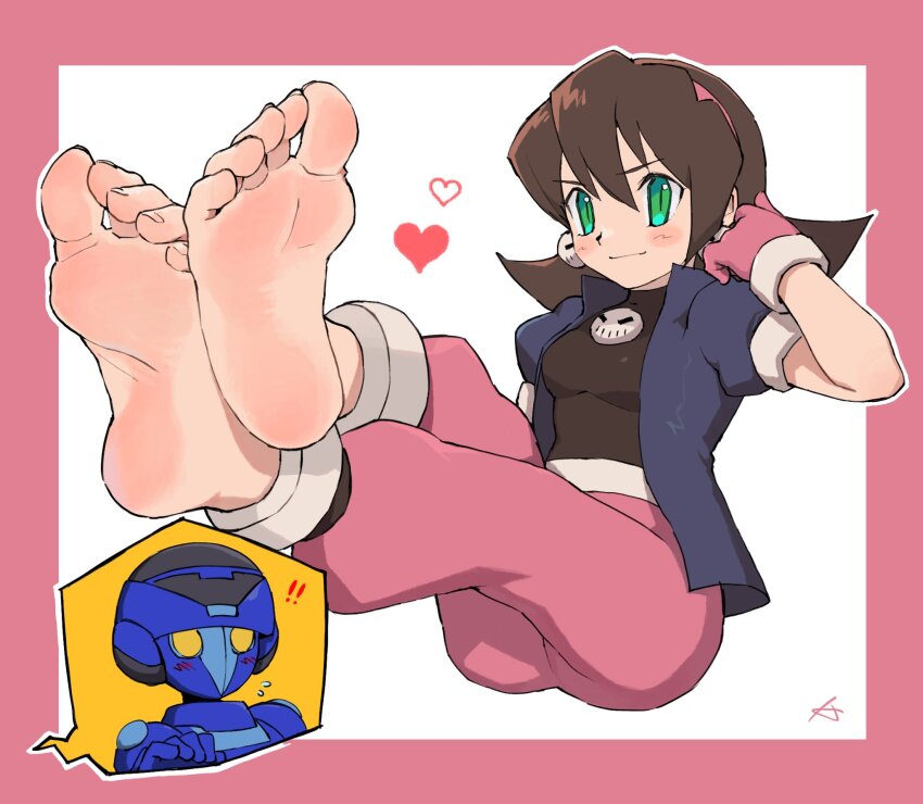 1boy 1girl alternate_universe barefoot black_bodysuit blush bodysuit bodysuit_under_clothes breasts brown_hair dress feet foot_focus gloves green_eyes hairband heart highres jacket karen_(karenoni1031) medium_breasts medium_hair mega_man_(series) mega_man_legends_(series) mega_man_volnutt non-humanoid_robot non-web_source open_clothes open_jacket pants pink_dress pink_gloves pink_pants puffy_sleeves robot soles toes tron_bonne_(mega_man)
