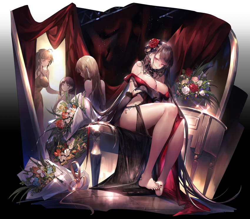 1girl absurdres admiral_(warship_girls_r) aiguillette anchor blonde_hair blue_eyes blue_lips breasts broken crop_top flight_deck high_heels highres lexington_(warship_girls_r) long_hair saratoga_(warship_girls_r) thighhighs transparent_background vittorio_veneto_(warship_girls_r) warship_girls_r xiangchizhubijin
