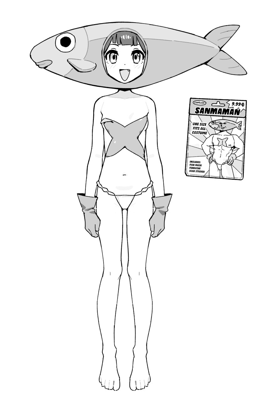 1girl :d absurdres arms_at_sides bare_shoulders barefoot blunt_bangs breasts center-flap_bangs character_name collarbone commentary cosplay costume cross_scar curled_fingers dot_nose english_commentary english_text eyebrows_hidden_by_hair fake_scar fang fins fish_hat fundoshi gloves gluteal_fold go!_go!_gris! greyscale grin gris_(go!_go!_gris!) groin happy highres invisible_floor japanese_clothes knees light_blush long_eyelashes looking_at_viewer male_underwear monochrome navel open_mouth original package price_tag raised_eyebrows salmon scar scar_on_chest sideboob simple_background small_breasts smile solo standing sticker sticker_on_chest straight-on tareme thick_eyelashes thighs topless_female underwear vertigris white_background wide-eyed