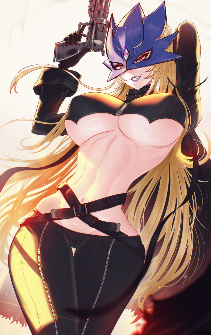 1girl arm_behind_head beelstarmon belt blonde_hair breasts digimon digimon_(creature) digimon_story:_time_stranger female_focus gun highres holding holding_gun holding_weapon legs_together long_hair mask mcdobo navel pants purple_eyes stomach teeth third_eye underboob weapon wide_hips