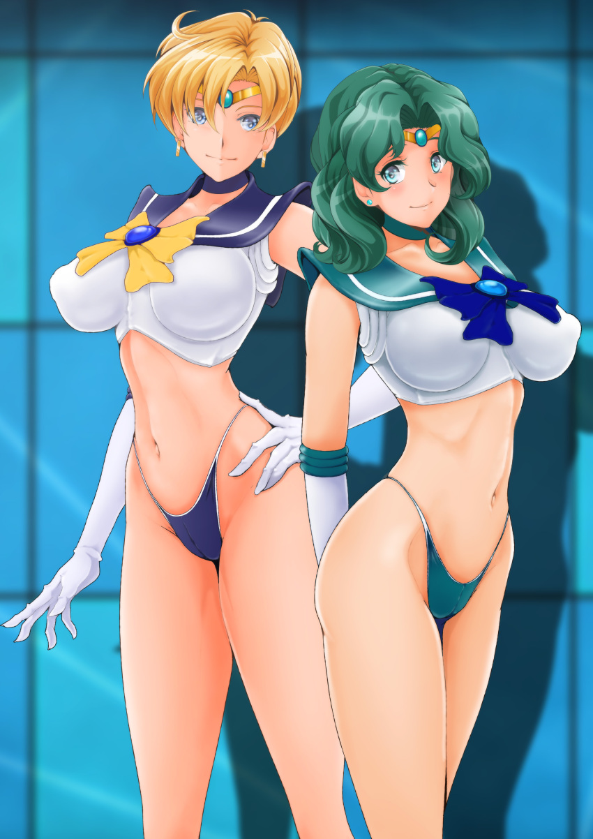 2girls absurdres bishoujo_senshi_sailor_moon blonde_hair blue_eyes blue_panties blush breasts cameltoe closed_mouth earrings elbow_gloves gloves green_eyes green_hair green_panties hand_on_own_hip highres jewelry kaiou_michiru large_breasts looking_at_viewer multiple_girls nanashi_noiji navel panties sailor_moon_narikiri_bra_set sailor_neptune sailor_senshi_uniform sailor_uranus short_hair smile ten&#039;ou_haruka thong tiara underwear white_gloves