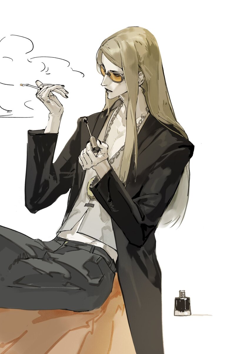 1boy black_coat black_pants cigarette coat fate/grand_order fate_(series) highres jewelry long_hair necklace pants siyemmm smoking solo sunglasses tezcatlipoca_(fate)