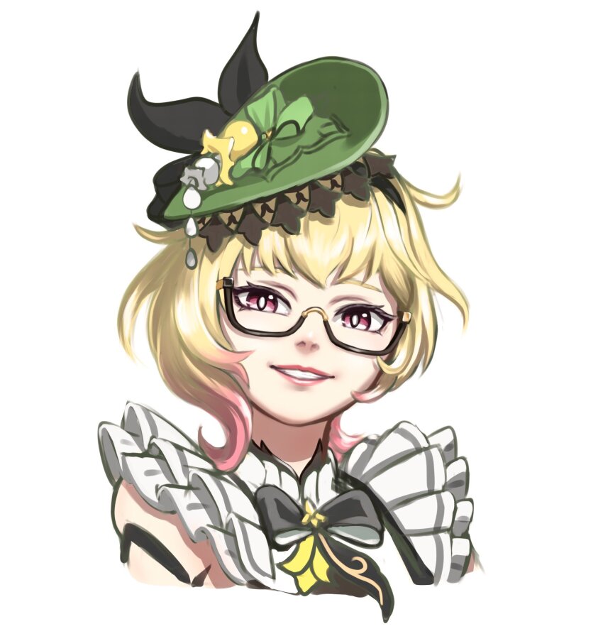 1girl black_bow black_ribbon blonde_hair bow bright_pupils colored_tips emilie_(genshin_impact) genshin_impact glasses green_hat hair_ribbon hat head_tilt highres looking_at_viewer multicolored_hair parted_lips pink_eyes pink_hair pink_lips portrait ribbon shirt short_hair simple_background smile solo sumakun white_background white_pupils white_shirt