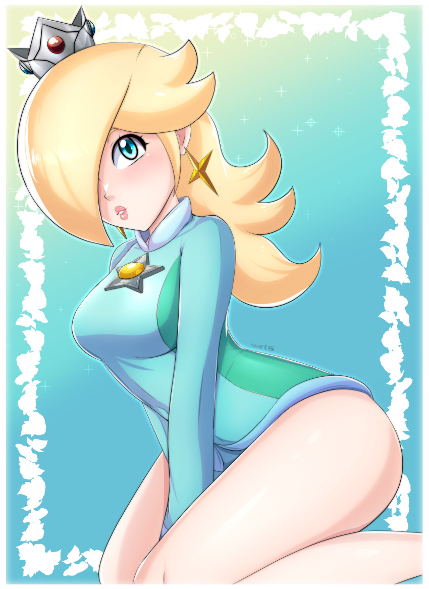 1girl absurdres aqua_leotard athletic_leotard axasempai blonde_hair blue_eyes blue_leotard blush breasts brooch crown earrings gymnastics hair_over_one_eye highres jewelry leotard light_smile long_hair long_sleeves looking_at_viewer mario_&amp;_sonic_(series) mario_&amp;_sonic_at_the_olympic_games_(2007) mario_&amp;_sonic_at_the_rio_2016_olympic_games mario_(series) medium_breasts mini_crown multicolored_leotard nintendo parted_lips rhythmic_gymnastics rosalina rosalina_(gymnastics) smile solo star_(symbol) star_brooch star_earrings thighs two-tone_leotard