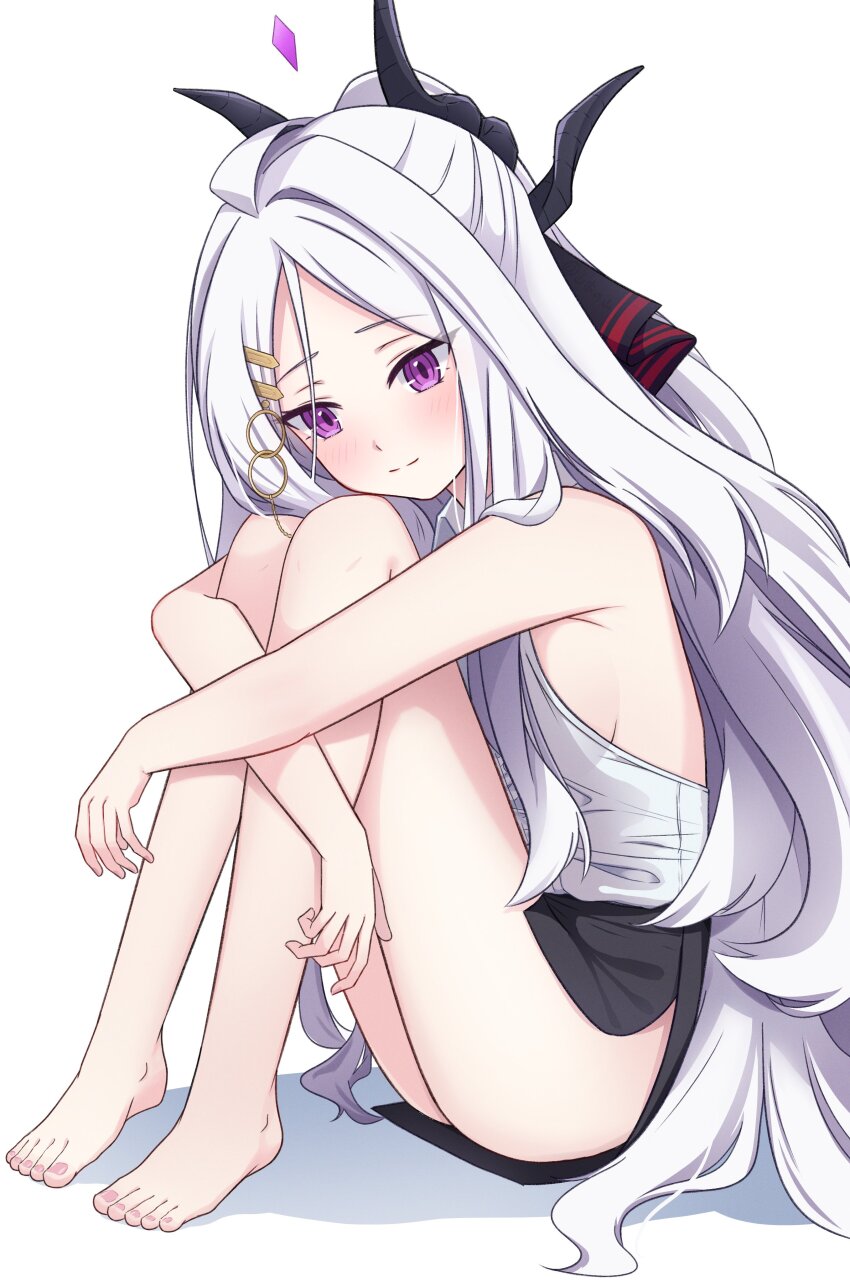 1girl absurdres bare_arms bare_legs bare_shoulders barefoot blue_archive blush breasts closed_mouth feet forehead full_body highres hina_(blue_archive) horns hugging_own_legs loli long_hair looking_at_viewer parted_bangs purple_eyes sideboob simple_background sitting solo thighs toes very_long_hair white_background white_hair yamamoto_no_yama