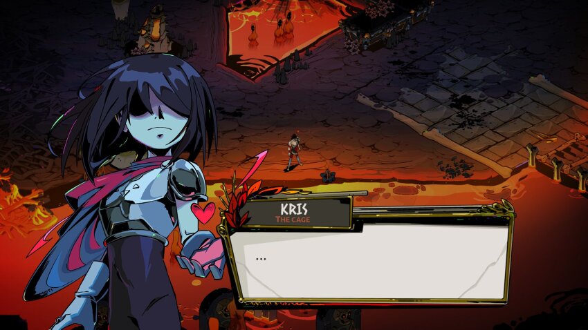 ... 1other :| androgynous armor blue_hair blue_skin breastplate cape character_name closed_mouth colored_skin covered_eyes cowboy_shot deltarune dialogue_box facing_viewer fake_screenshot gauntlets hades_(series) hades_1 heart highres kris_(dark_world)_(deltarune) kris_(deltarune) lava other_focus pink_cape shaded_face short_hair solo_focus standing supsross zagreus_(hades)