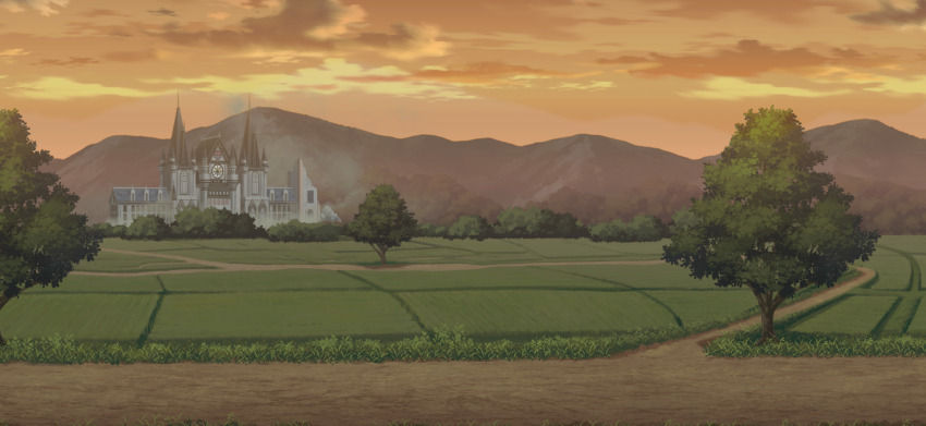 building castle cloud field game_cg highres mountain no_humans non-web_source official_art orange_sky outdoors path road scarlet_devil_mansion scenery sky touhou touhou_gensou_eclipse tree twilight