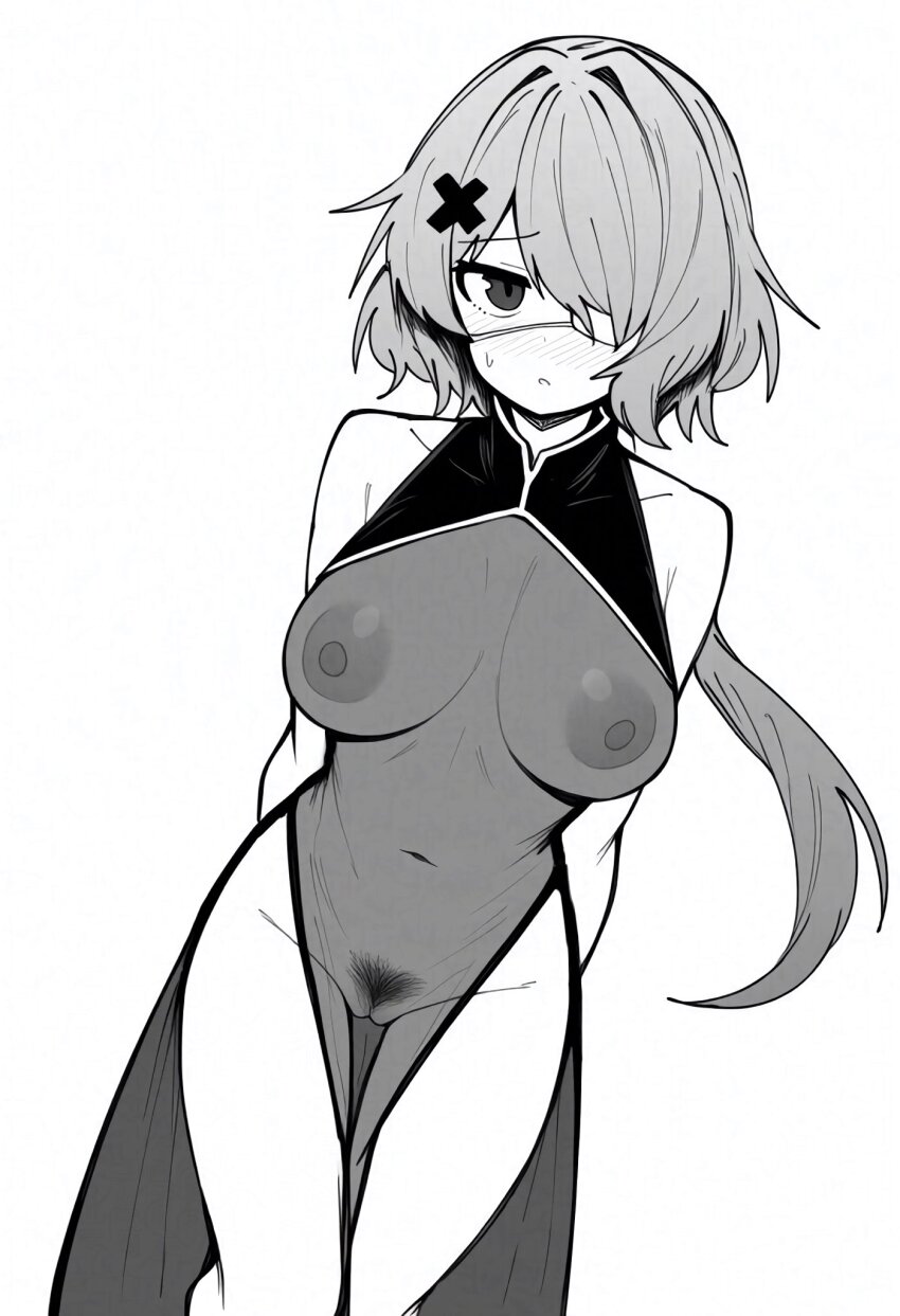 1girl alternate_costume arknights arms_behind_back blush breasts china_dress chinese_clothes commentary_request cowboy_shot dress eyepatch female_pubic_hair greyscale groin hair_ornament hair_over_one_eye highres large_breasts long_hair looking_at_viewer makigirisu medical_eyepatch monochrome navel nipples nose_blush one_eye_covered parted_lips pelvic_curtain pubic_hair pussy side_slit simple_background sleeveless sleeveless_dress solo standing sweatdrop whisperain_(arknights) white_background x_hair_ornament