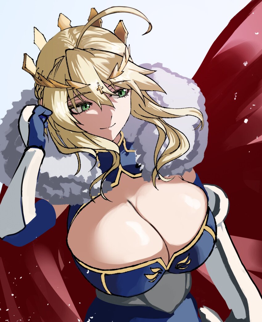 1girl absurdres ahoge armor artoria_pendragon_(fate) artoria_pendragon_(lancer)_(fate) blonde_hair blue_dress blue_gloves blush braid braided_bun breasts cape cleavage closed_mouth clothing_cutout crown dress fate/grand_order fate_(series) fur-trimmed_cape fur_collar fur_trim gloves green_eyes hair_between_eyes hair_bun highres large_breasts long_hair looking_at_viewer parted_lips red_cape shibao_aoyama sidelocks simple_background smile solo tiara upper_body