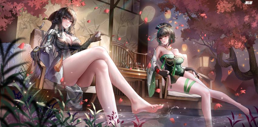 2girls absurdres autumn_leaves bare_shoulders barefoot black_gloves black_hair breasts cleavage commentary_request crossed_legs detached_sleeves dress elbow_gloves full_body gloves green_dress green_ribbon hanying:_zitherwoe_(pgr) hanying_(pgr) highres large_breasts leaf long_hair looking_at_another multiple_girls night outdoors punishing:_gray_raven qu:_shukra_(pgr) qu_(pgr) ribbon sitting smll233 water