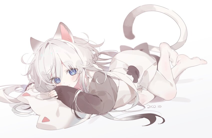 1girl animal_ears asphyxia17 blue_eyes blush brown_hair brown_sleeves cat-shaped_pillow cat_ears cat_girl cat_tail dated full_body gradient_hair hair_between_eyes head_on_pillow highres long_hair long_sleeves looking_at_viewer lying multicolored_hair no_shoes on_stomach original pantyhose pillow sidelocks simple_background sleeves_past_wrists solo sweater tail very_long_hair white_background white_hair white_pantyhose white_sweater