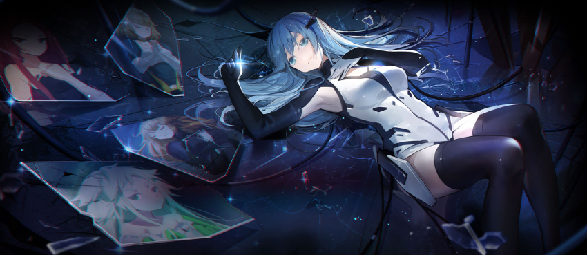 5girls android armpit_cutout artist_request bad_source beatless blonde_hair blue_eyes blue_hair blunt_bangs bodysuit breasts cleavage cleavage_cutout closed_eyes clothing_cutout crack cracked_glass dress glass gradient_hair green_eyes green_hair hair_ornament hand_on_own_chest hand_up highres key_visual knees_up kouka_(beatless) leicia light_smile long_hair lying mariage mecha_musume methode_(beatless) multicolored_hair multiple_girls night off-shoulder_dress off_shoulder official_art on_back over-kneehighs promotional_art red_hair short_eyebrows short_hair snowdrop_(beatless) thighhighs thighs thumb_hole_sleeves turtleneck turtleneck_bodysuit