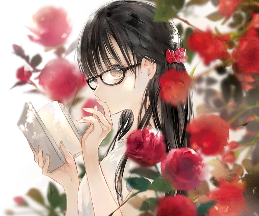 1girl biblia_koshodou_no_jikentechou black-framed_eyewear black_hair blurry blurry_background blurry_foreground book brown_eyes choppy_bangs commentary_request depth_of_field finger_to_mouth fingernails flower glasses hair_behind_ear half_updo hands_up holding holding_book long_hair looking_at_viewer niwa_haruki official_art open_book red_flower red_rose rose shirt short_sleeves sideways_glance simple_background solo straight_hair upper_body white_background white_shirt