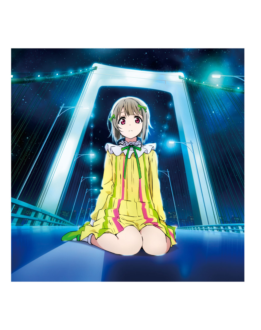 1girl artbook asymmetrical_hair bob_cut bow dress green_bow green_ribbon grey_hair hair_bow hair_ornament highres huge_bow long_sleeves love_live! love_live!_nijigasaki_high_school_idol_club mutekikyuu_believer nakasu_kasumi night night_sky non-web_source official_art pink_eyes ribbon short_hair sitting sky socks solo star_(sky) striped_clothes striped_dress vertical-striped_clothes vertical-striped_dress wariza yellow_dress
