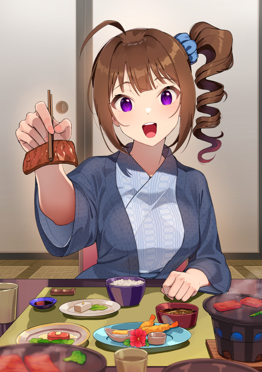 1girl ahoge bath_yukata blush breasts brown_hair chopsticks food hanten_(clothes) highres holding holding_chopsticks idolmaster idolmaster_million_live! incoming_food indoors japanese_clothes kamille_(vcx68) kimono medium_breasts pov purple_eyes rice ryokan shrimp shrimp_tempura side_ponytail sidelocks sliding_doors smile solo tatami teeth tempura tofu upper_teeth_only yakiniku yokoyama_nao yukata