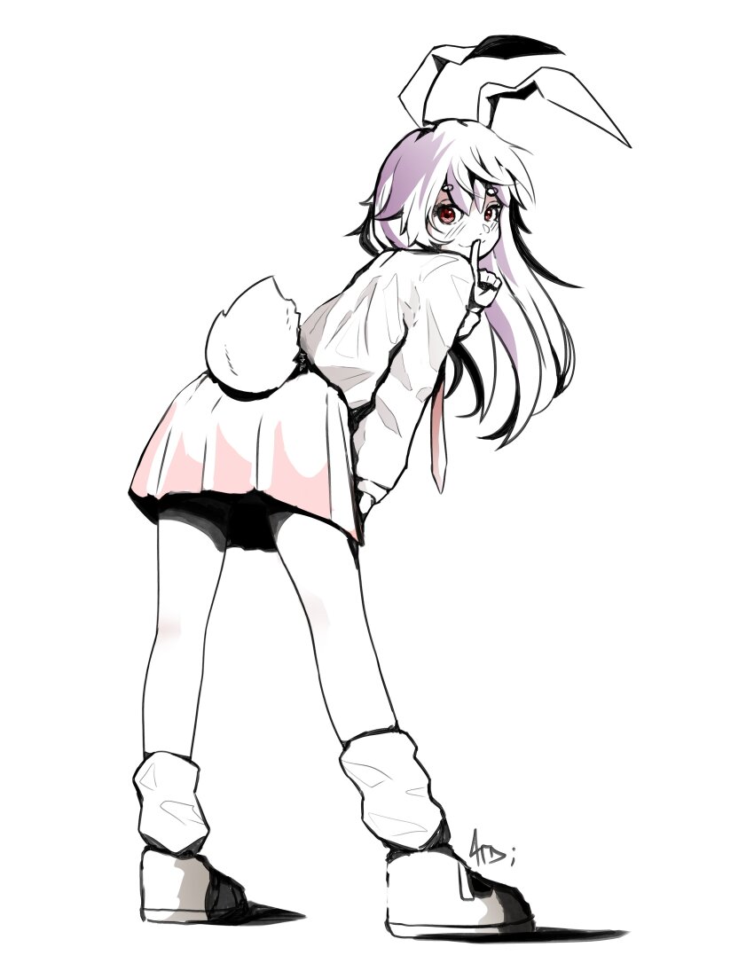 1girl 4rdilla absurdres animal_ears bent_over blush finger_to_mouth from_behind highres long_hair long_sleeves looking_at_viewer looking_back necktie pink_necktie pink_skirt purple_hair rabbit_ears rabbit_tail red_eyes reisen_udongein_inaba shirt shoes shushing simple_background skirt socks solo tail touhou white_background white_shirt