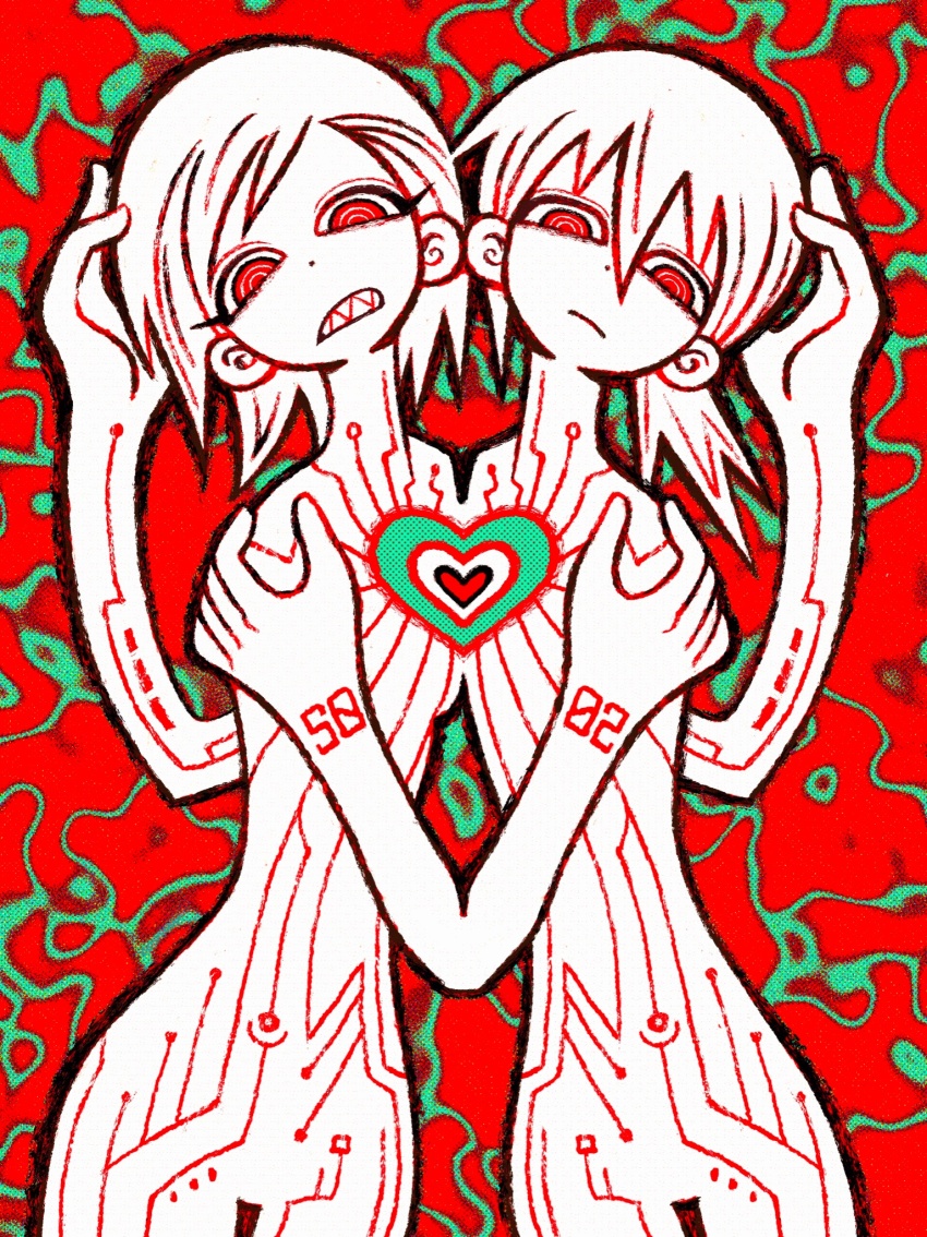 1boy 1girl abstract_background asymmetrical_bangs body_markings breasts brother_and_sister circuit closed_mouth commentary cowboy_shot disembodied_hand frown green_background grimace hair_between_eyes half-closed_eyes hand_on_another&#039;s_head hand_on_another&#039;s_shoulder head_tilt heart highres homilpain kagamine_len kagamine_rin limited_palette looking_at_viewer low_ponytail medium_hair mirrored_text number-only_commentary parted_lips ponytail red_background red_eyes ringed_eyes sanpaku sharp_teeth short_hair siblings small_breasts standing teeth two-tone_background vocaloid wrist_tattoo