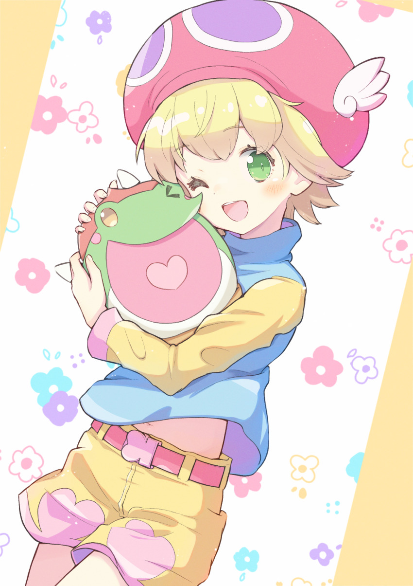 1girl ;d amitie_(puyopuyo) animal animal_hug belt blonde_hair blue_shirt border cheek_rest cowboy_shot donguri_gaeru flipped_hair floral_background frog green_eyes hands_up heart heart_print highres jazz_grace light_blush long_sleeves looking_at_viewer lopsided_border midriff_peek multicolored_shorts navel one_eye_closed open_mouth pink_belt pink_shorts puyopuyo puyopuyo_fever_2 shirt short_hair shorts smile solo split_mouth teeth turtleneck turtleneck_shirt upper_teeth_only white_background winged_hat yellow_border yellow_shorts yellow_sleeve_cuffs