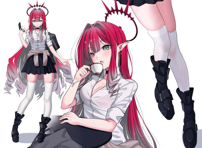 1girl bag baobhan_sith_(fate) black_skirt blush boots breasts cardigan cardigan_around_waist cellphone choker clothes_around_waist collared_shirt cup earrings fate/grand_order fate_(series) full_body grey_eyes halo highres jewelry large_breasts long_hair longdq3008 looking_at_viewer multiple_views open_mouth phone pink_hair pointy_ears school_bag school_uniform shirt sidelocks skirt sleeves_rolled_up teacup thighhighs thighs white_shirt white_thighhighs