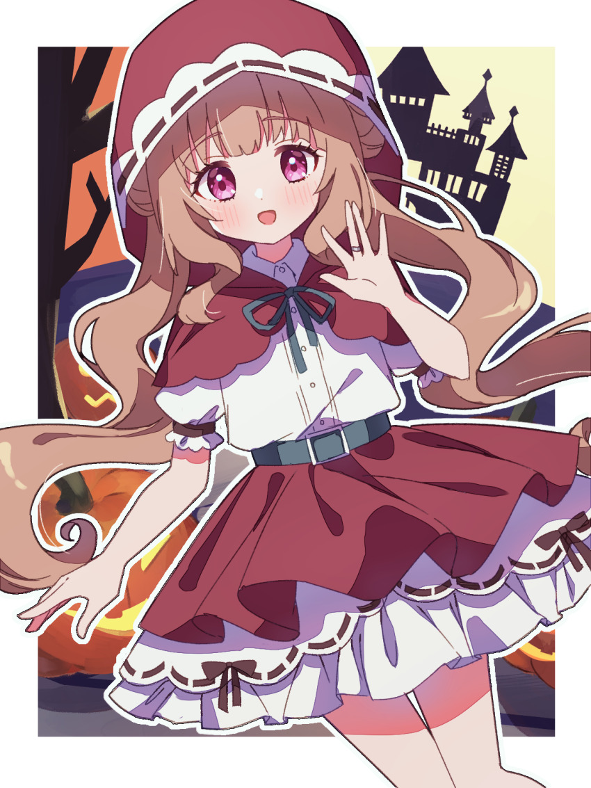 1girl :d alternate_costume belt border brown_hair capelet collared_shirt commentary_request cornelia_(madoka_magica) cowboy_shot double_bun hair_bun halloween halloween_costume hand_up highres hood hood_up layered_skirt long_hair long_sleeves looking_at_viewer magia_record:_mahou_shoujo_madoka_magica_gaiden mahou_shoujo_madoka_magica open_mouth outline outside_border puffy_short_sleeves puffy_sleeves purple_eyes red_capelet red_skirt ruru_(rurumagi) shirt short_sleeves skirt smile solo standing very_long_hair white_border white_outline white_shirt