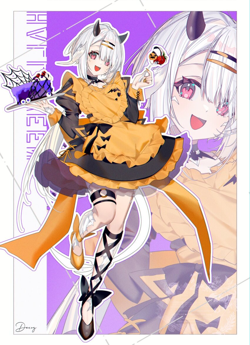 1girl ankle_lace-up apron asymmetrical_footwear asymmetrical_legwear au_ra black_choker black_dress black_shoes cake choker demon_horns dragon_girl dragon_horns dragon_tail dress fake_horns final_fantasy final_fantasy_xiv food fork halloween highres holding holding_fork holding_tray horns long_hair looking_at_viewer maid motsuni_(lxxe1120) o-ring o-ring_thigh_strap open_mouth orange_apron orange_shoes red_eyes scales shoes solo tail thigh_strap tray warrior_of_light_(ff14) white_hair zoom_layer