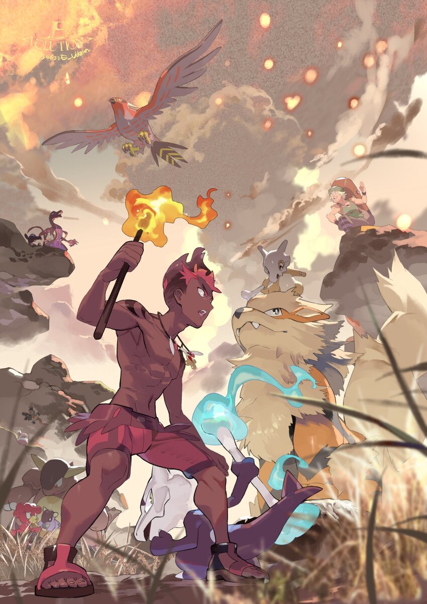 2boys alolan_form alolan_marowak arcanine cloud cubone dark-skinned_male dark_skin e_volution fire from_below gen_1_pokemon gen_2_pokemon gen_4_pokemon gen_6_pokemon gen_7_pokemon happiny highres hiker_(pokemon) holding holding_torch jewelry kangaskhan kiawe_(pokemon) knees magby male_focus multiple_boys necklace nintendo outdoors pokemon pokemon_(creature) pokemon_sm red_shorts salandit salazzle sandals shorts sky standing talonflame toes topless_male torch watermark