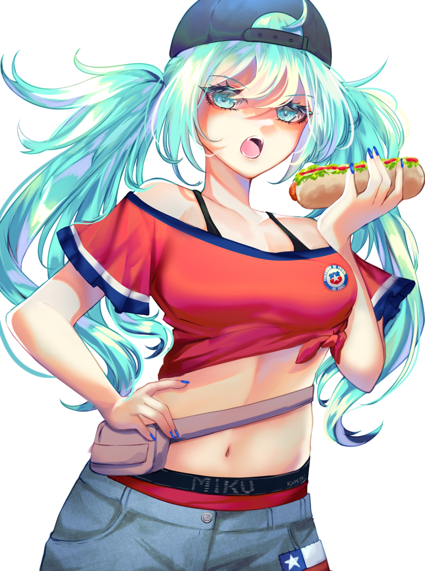 1girl absurdres aqua_eyes aqua_hair backwards_hat black_hat blue_nails chilean_flag food hat hatsune_miku highres holding holding_food hot_dog kami_bakeneko_(artist) long_hair looking_at_viewer midriff navel off-shoulder_shirt off_shoulder open_mouth red_shirt shirt short_sleeves simple_background solo twintails vocaloid white_background worldwide_miku