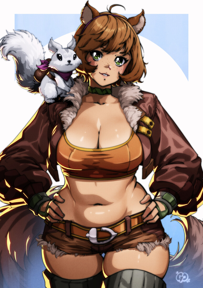 1girl absurdres animal_ears belt belt_buckle breasts brown_jacket brown_tail brown_thighhighs buckle colored_shadow crop_top cropped_jacket curvy fingerless_gloves fur_trim gloves green_gloves highres jacket large_breasts large_tail logo marvel marvel_rivals pet plump shadow short_shorts shorts simple_background skindentation solo squirrel squirrel_ears squirrel_girl squirrel_girl_(marvel) squirrel_tail standing tail thatpersonaguy thick_thighs thighhighs thighs wide_hips
