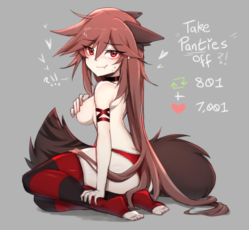 1girl animal_ears armlet breasts collar cry_(crydiaa) crydiaa_(artist) fang grey_background heart highres indie_virtual_youtuber jewelry large_breasts long_hair original pointy_hair red_eyes red_hair sideboob striped_clothes striped_thighhighs sweat tail thighhighs virtual_youtuber wolf_ears