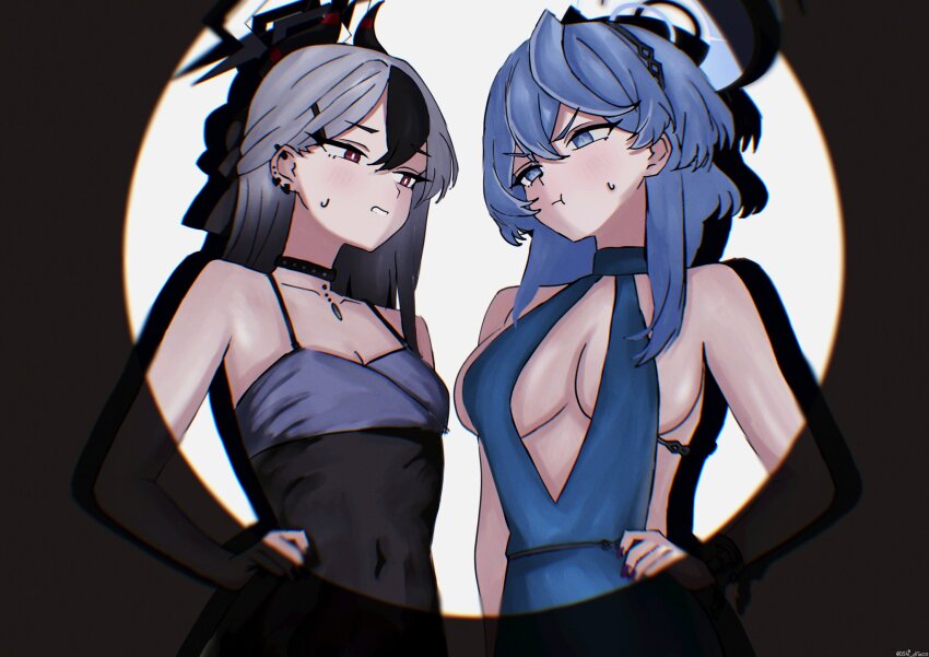 2girls :t ako_(blue_archive) ako_(dress)_(blue_archive) black_choker black_dress black_hair blue_archive blue_dress blue_hair blue_halo blush breasts brown_cardigan cardigan choker cleavage demon_girl demon_horns dress ear_piercing earrings grey_hair grey_halo hair_behind_ear hair_between_eyes hair_intakes hair_ribbon halo hand_on_own_hip highres horns jewelry kayoko_(blue_archive) kayoko_(dress)_(blue_archive) long_hair medium_breasts multicolored_hair multiple_girls piercing pout red_eyes ribbon shi_draco sideboob spotlight standing streaked_hair two-tone_hair