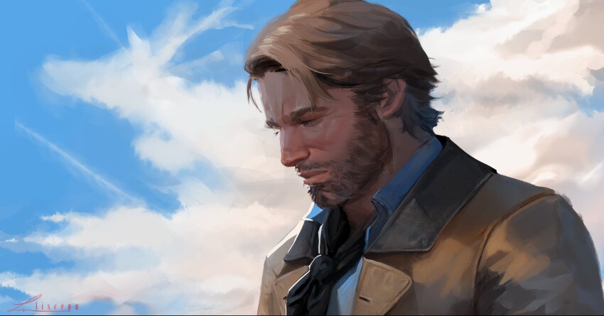 1boy absurdres arthur_morgan ascot beard black_ascot brown_coat brown_hair closed_mouth cloud coat collared_shirt commentary english_commentary expressionless facial_hair grey_eyes highres lapels layered_clothes lis_cepu looking_down male_focus profile red_dead_redemption_(series) red_dead_redemption_2 shirt sky solo upper_body white_shirt wing_collar