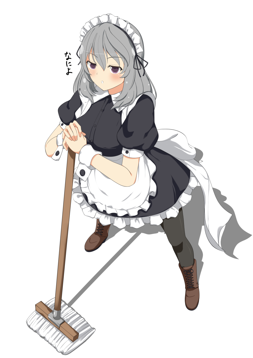 1girl absurdres apron assault_lily black_dress black_pantyhose blush boots breasts brown_boots collared_dress commentary_request dress frilled_apron frilled_dress frills from_above full_body grey_hair grey_ribbon hair_between_eyes hair_ribbon hands_up hata_matsuri highres holding holding_mop lace-up_boots legs_apart looking_at_viewer looking_up maid maid_headdress medium_breasts medium_hair mop own_hands_together pantyhose parted_lips planted puffy_short_sleeves puffy_sleeves purple_eyes ribbon senri_(senri03151221) shadow short_sleeves simple_background solo standing translated waist_apron white_apron white_background