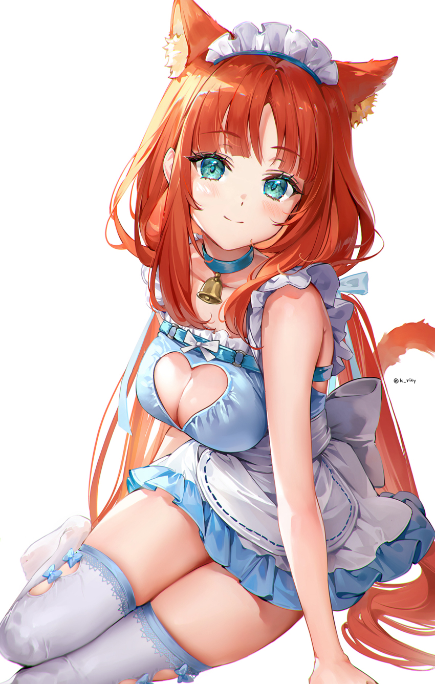 1girl alternate_costume animal_ears apron aqua_eyes bare_arms bell blue_dress breasts cat_ears cat_tail cleavage cleavage_cutout closed_mouth clothing_cutout commentary_request dress enmaided frilled_dress frills full_body genshin_impact heart_cutout highres kemonomimi_mode large_breasts long_hair looking_at_viewer maid maid_apron maid_headdress medium_breasts neck_bell nilou_(genshin_impact) no_shoes orange_hair rity simple_background sitting sleeveless sleeveless_dress smile solo tail thighhighs twitter_username very_long_hair white_apron white_background white_thighhighs