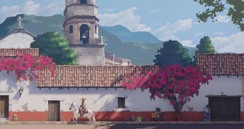 blue_sky building church cloud cross day european_architecture flower guitar highres horse instrument jsf23art mountain music on_ground original outdoors pixel_art playing_guitar playing_instrument red_flower road scenery sitting sky street town tree
