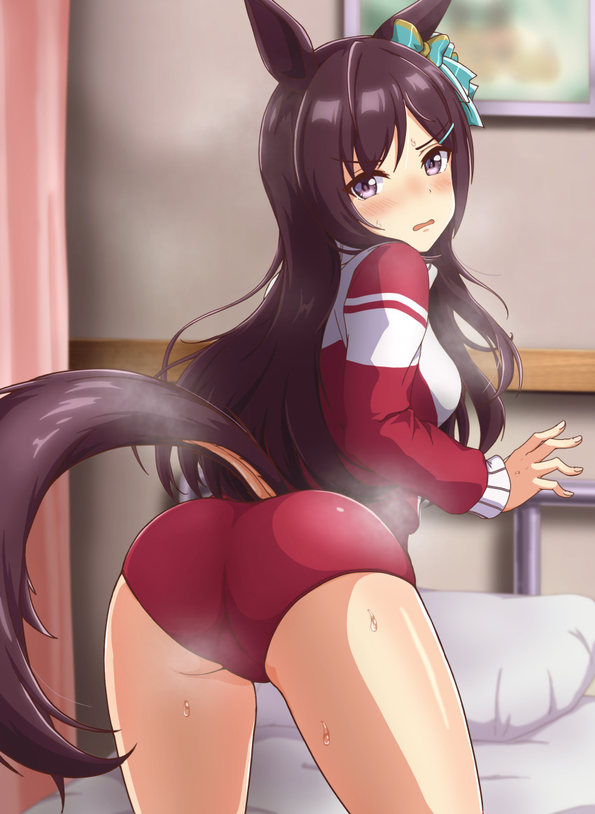 1girl animal_ears ass bed black_hair blush breasts buruma commission from_behind hair_ornament hairclip highres horse_ears horse_girl horse_tail jacket kneeling long_hair long_sleeves looking_at_viewer looking_back medium_breasts mejiro_dober_(umamusume) on_bed open_mouth pillow purple_eyes red_buruma shiodanx skeb_commission smile solo sweat sweatdrop tail tracen_training_uniform track_jacket umamusume visible_air