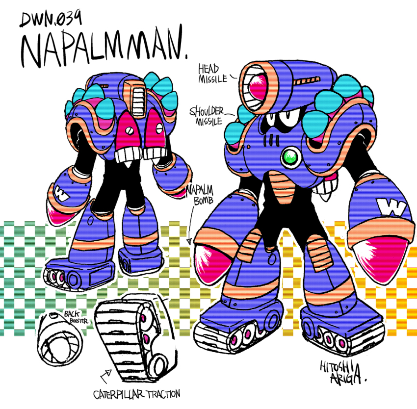 1boy aqua_background ariga_hitoshi arm_cannon armor arrow_(symbol) artist_name black_bodysuit bodysuit boots caterpillar_tracks character_name reference_sheet checkered_background chest_armor chest_jewel commentary concept_art dual_arm_cannons english_text from_behind full_body gem gradient_background green_gemstone helmet humanoid_robot knee_boots looking_ahead male_focus mega_man_(classic) mega_man_(series) mega_man_5 mega_man_megamix missile multiple_views napalm_man no_humans purple_armor purple_footwear robot scanlines screw shoe_soles shoulder_armor simple_background standing tank_(container) three_quarter_view turnaround weapon white_background yellow_background