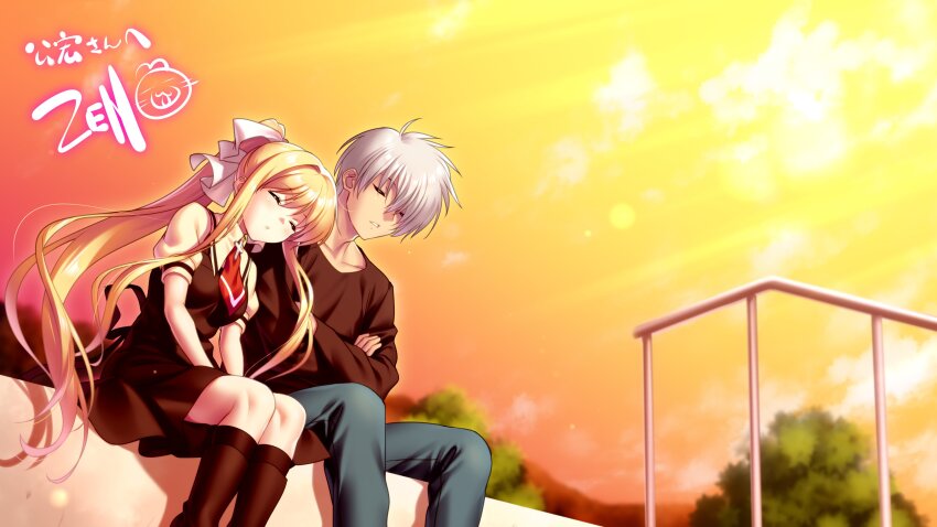 1boy 1girl absurdres air_(visual_novel) black_dress black_footwear black_shirt blonde_hair boots closed_eyes commentary_request commission cross crossed_arms dress dutch_angle feet_out_of_frame floating_hair grey_hair hair_between_eyes hair_ribbon hand_on_another&#039;s_shoulder hetero highres kamio_misuzu kunisaki_yukito long_hair long_sleeves necktie outdoors pinafore_dress ponytail puffy_short_sleeves puffy_sleeves red_necktie ribbon school_uniform second-party_source shirt short_dress short_hair short_necktie short_sleeves side-by-side sidelocks signature sitting skeb_commission sleeping sleeveless sleeveless_dress spiked_hair sunlight sunset very_long_hair white_ribbon yellow_shirt zen_(kamuro)