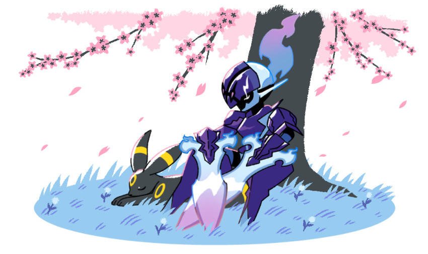 armor blue_grass ceruledge cherry_blossoms closed_eyes colored_lineart commentary commission english_commentary eye_trail fire full_body gen_2_pokemon gotchibam grass helmet knight ko-fi_commission light_trail nintendo on_grass petals pokemon pokemon_(creature) purple_armor purple_fire purple_helmet sidelighting simple_background sitting sleeping tree umbreon white_background