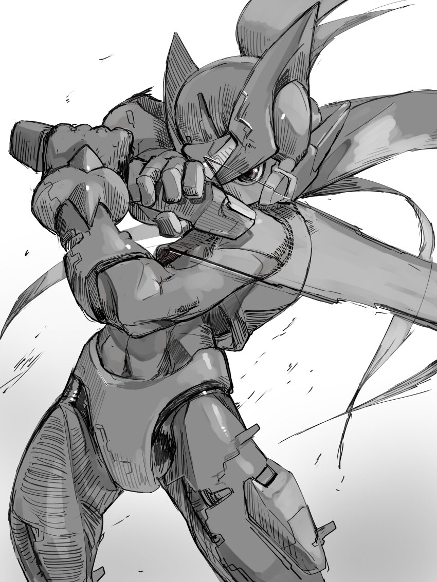 1boy absurdres armor cowboy_shot energy_sword forehead_jewel greyscale helmet highres holding holding_sword holding_weapon long_hair male_focus mega_man_(series) mega_man_zero_(series) monochrome omochi_(mochi_skymega) simple_background solo sword weapon white_background z_saber zero(z)_(mega_man) zero_(mega_man)