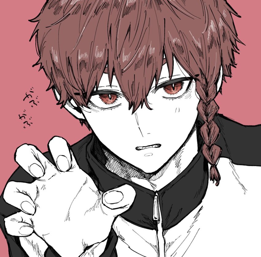 1boy blue_lock braid fingernails hair_between_eyes jacket kurona_ranze long_sleeves looking_at_viewer male_focus naka_(58hrprtr) pink_background red_background red_eyes red_hair sharp_teeth short_hair side_braid simple_background single_braid solo spot_color teeth track_jacket