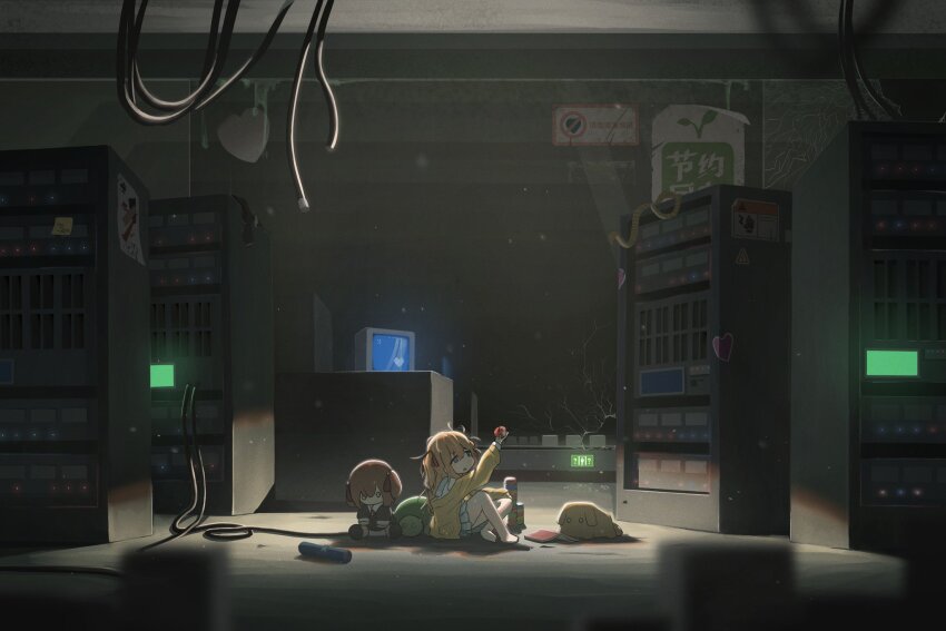 1girl apple barefoot blue_eyes blue_screen_of_death blue_skirt book brown_hair cable cardigan error_message evil_neuro-sama food from_side fruit full_body fumo_(doll) hair_between_eyes hair_ribbon hashtag-only_commentary highres holding holding_food holding_fruit indie_virtual_youtuber indoors long_hair long_sleeves messy_hair minawan neuro-sama open_mouth pleated_skirt ptitsaqaq red_ribbon ribbon server sitting skirt solo stuffed_toy two_side_up vedal987 vedal_ai virtual_youtuber wide_shot yellow_cardigan