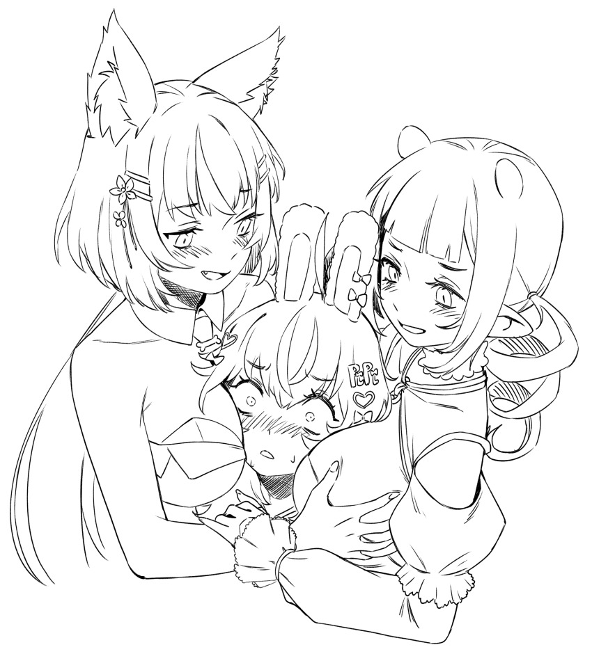 3girls agemmata ahoge animal_ear_fluff animal_ears between_breasts blush bow breasts chisaka_airi collarbone detached_collar dizzy_dokuro ear_bow flower girl_sandwich grabbing_another&#039;s_breast groping hair_bow hair_flower hair_ornament head_between_breasts heart heart_hair_ornament highres long_hair multiple_girls phase_connect pipkin_pippa pointy_ears rabbit_ears rabbit_girl sandwiched virtual_youtuber wolf_ears wolf_girl yuri