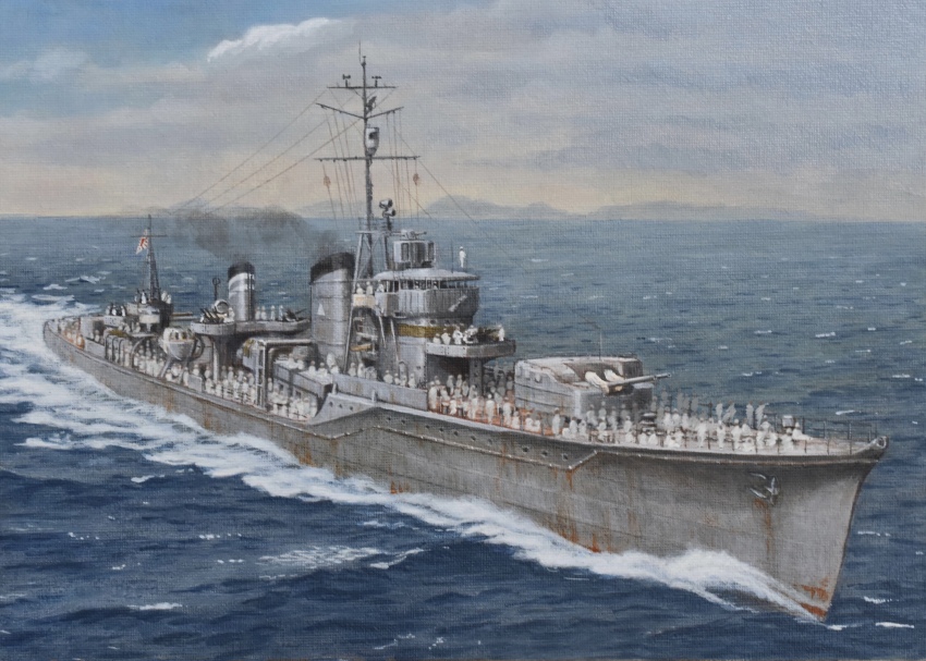 absurdres atelier_bono cannon destroyer flag highres imperial_japanese_navy mast military_vehicle ocean original rust sailor ship ship_turret sky smoke smokestack traditional_media vehicle_focus warship watercraft yukikaze_(destroyer)